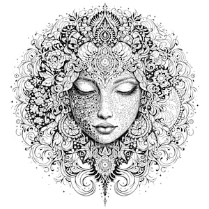 Pode incluir: Ilustração a preto e branco do rosto de uma mulher com os olhos fechados, rodeado por intrincados padrões florais e ornamentais. O design apresenta um trabalho de linha detalhado, criando um efeito semelhante a uma mandala, adequado para colorir ou fins decorativos.