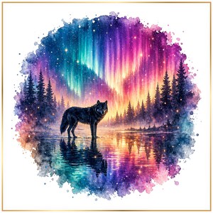 A wolf stands in a serene landscape, surrounded by a vibrant display of the northern lights.
