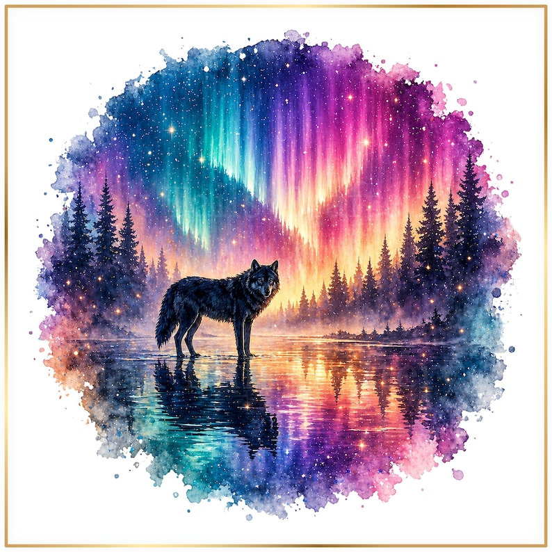 A wolf stands in a serene landscape, surrounded by a vibrant display of the northern lights.