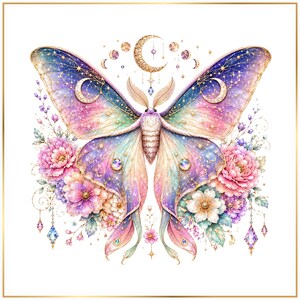 Imágenes prediseñadas de polilla Luna Floral, paquete PNG de polilla celestial, ilustración de mariposa fantástica, obra de arte mística estilo cottagecore, gráfico de insecto