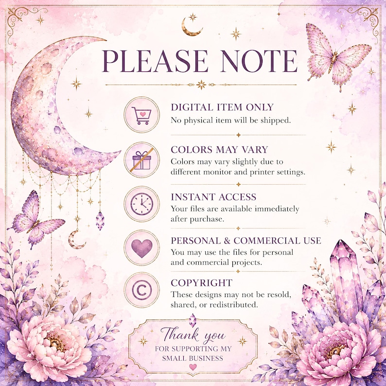 a pink and purple poster with flowers and a crescent