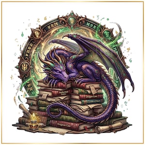 Buch Drache PNG Bundle, Celestial Library Drache Clipart, Fantasy Lese Kunst, Zauberbuch Drache Grafik, Zauberer Drache PNG