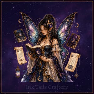 May include: A digital illustration of a fairy with dark hair and iridescent wings, wearing a navy blue gown with gold accents. The fairy holds an open book, surrounded by floating scrolls, two closed books, and a lantern against a starry background.