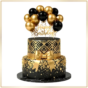 Könnte beinhalten: Eine zweistöckige schwarze und goldene Geburtstagstorte mit einer goldenen Schleife und einem goldenen geometrischen Design. Die Torte ist mit goldenen und schwarzen Luftballons und einem goldenen "Happy Birthday" Tortenaufsatz gekrönt. Die Torte steht auf einer schwarzen Marmorbasis.