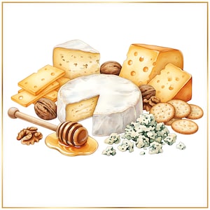 May include: An illustration of a cheese board with various cheeses, crackers, walnuts, and honey. The cheeses include brie, cheddar, and blue cheese. A honey dipper rests in a pool of honey. The arrangement is set against a white background.