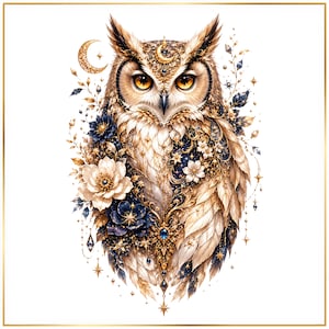 Pode incluir: Uma ilustração detalhada de uma coruja com plumagem dourada e azul escura, acentuada com padrões florais intrincados, motivos de estrelas e uma lua crescente. A coruja tem olhos âmbar brilhantes e é adornada com filigrana ornamentada e pequenas gemas azuis.
