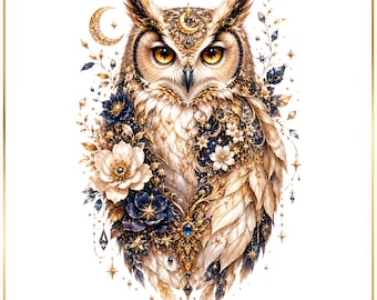 Floral Owl PNG Bundle, Celestial Owl Illustration, Fantasy Bird Graphics, Mystical Moon Owl Artwork, Witchy Dark Academia Art