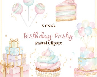 Birthday Party Clipart PNG Bundle – Pastel Birthday Cakes, Cupcake, Balloons and Presents, Watercolor Party Art - 5 PNGs