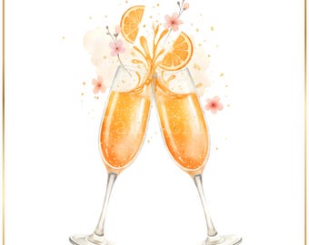 Mimosa Clipart PNG, Toasting Champagne Glasses, Watercolor Brunch PNG, Celebration Clipart, Orange Juice Champagne Drink, Breakfast Cocktail