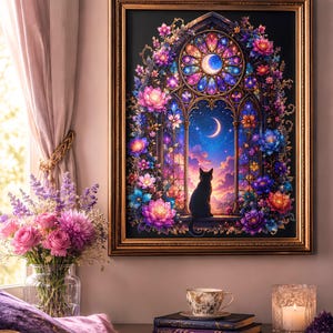 May include: A framed art print featuring a black cat silhouette gazing out a stained-glass window at a crescent moon and sunset. The window is surrounded by colorful flowers. The frame is gold.