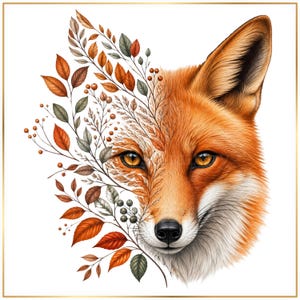 Botanical Fox Clipart, Floral Fox PNG, Autumn Fox Illustration, Woodland Animal PNG, Fall Leaves Fox Printable, Forest Animal, Nature PNG