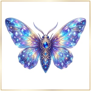 May include: A detailed illustration of a butterfly with iridescent wings. The wings are a mosaic of blue, purple, and gold, with a starry pattern. The butterfly's body is ornate, with blue jewel accents, set against a white background.