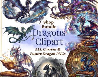 Fantasy Dragon Clipart Shop-bundel, Celestial Dragon PNG, metalen accenten, fantasiewezen, boek draken, mythische wezenskunst