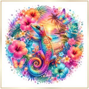 Puede incluir: Un gecko de colores vibrantes se sitúa en el centro de un arreglo circular de flores de hibisco tropicales, hojas de palmera y mariposas. El fondo muestra una escena de playa al atardecer con olas del mar, todo en una paleta brillante.