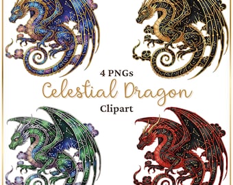 Celestial Dragon PNG Bundle, Zodiac Constellation Dragon Clipart, Fantasy Dragon PNG, Astrology Dragon Art, Galaxy Dragon - 4 PNGs
