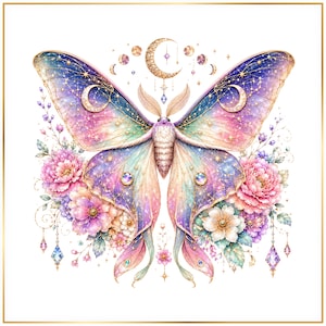 May include: A moth illustration featuring wings with a gradient of deep blue, purple, and soft pink, adorned with gold stars and crescent moons. The moth is surrounded by pink and white flowers, hanging crystal charms, and a central moon phase motif.