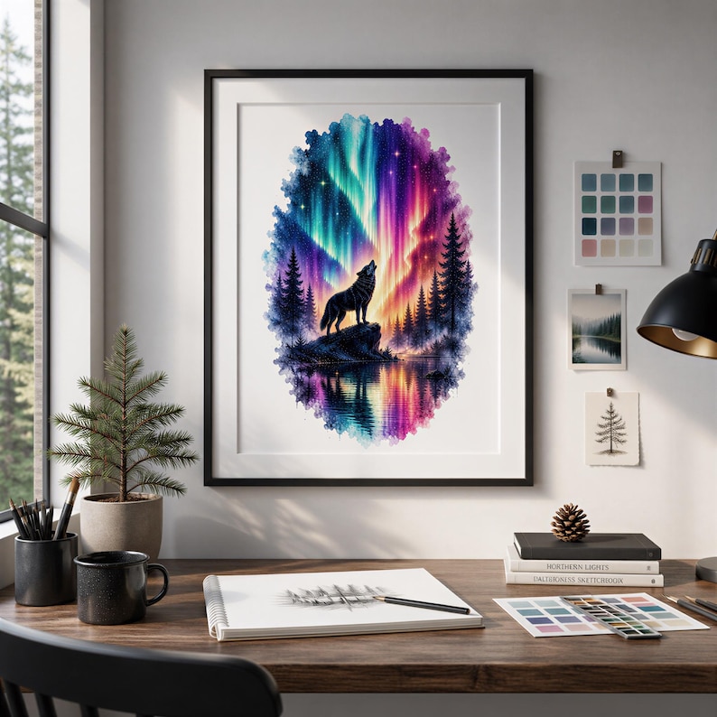 a framed painting of a wolf howling at the northern lights, surrounded by a colorful, abstract landscape. The painting is displayed on a wall above a wooden desk, which has a notebook, a mug, and some books. The desk is positioned near a window, providing natural light for the workspace.