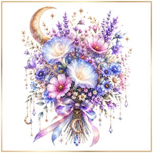 Paquete PNG de ramo floral celestial, imágenes prediseñadas de luna en acuarela, gráficos de flores silvestres de estilo brujo, arte de boda de fantasía bohemia.
