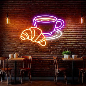 Coffee & Croissant Neon Sign, Cafe LED Light, Bakery Shop Decor, Bakery Neon Light, Espresso Bar Sign, Coffee Lover Gift, Custom Neon Sign