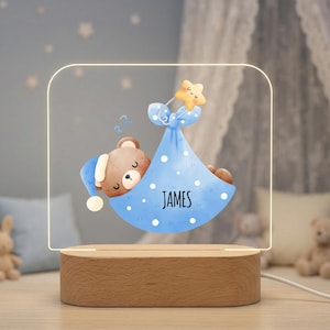 Personlig akryl nattlampa med namn, björnmåne barnrumslampa, babyrumsdekor, LED-sockel, anpassad sängbordspresent till barn