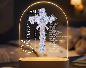 Lámpara de noche personalizada para bautizo, lámpara cristiana con cruz floral, luz LED acrílica con nombre personalizado, regalo para la dedicación del bebé, decoración para la habitación del bebé.