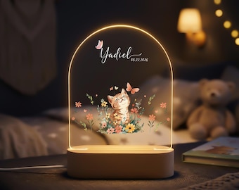 Lámpara de noche personalizada con nombre de gato para niños, regalo para baby shower, lámpara acrílica personalizada con forma de gatito, decoración floral para la habitación del bebé.