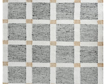 Handwoven Checkered Area Rug | Grey & Ivory Wool Blend with Jute