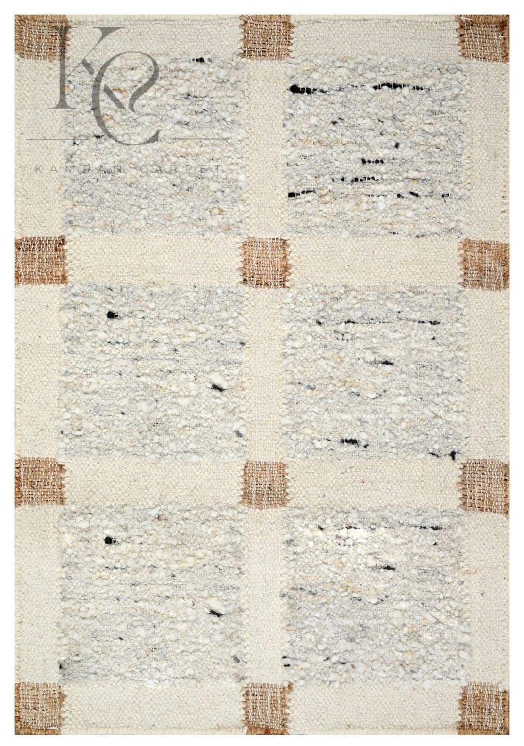 Handwoven Wool Blend Rug | Neutral Checkered Grid With Jute Accents - Etsy