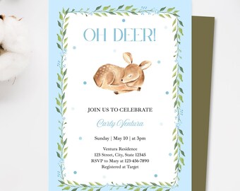 May include: A light blue invitation card with the text "OH DEER!" and a watercolor illustration of a fawn. The card includes event details and is framed with green leaves and blue dots. The words "EDIT IN Canva" are at the top.