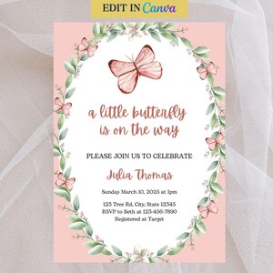 Pink Butterfly Baby Shower Invitation Template: Editable Canva Design (Digital Download 5x7&quot; PDF)