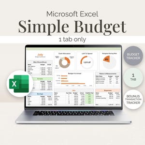 Op de afbeelding: Een laptop met een Microsoft Excel-spreadsheet met de titel "Simple Budget". Het scherm toont een budgettracker met grafieken en tabellen. Het Excel-pictogram is zichtbaar, samen met de tekst "1 tab only".