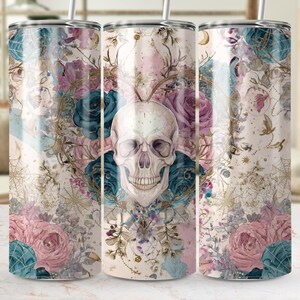 Skull Roses Hearts Tumbler Wrap, Gothic Skull 20 oz Skinny Straight Sublimation Tumbler Design, Spooky Skeleton PNG Digital Download