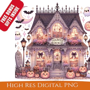 Haunted Bookstore PNG Trendy Cute Halloween Spooky Ghosts Cozy Library Bookish Fall Design for Shirts and Stickers Sublimation Design