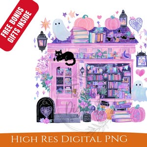 Haunted Fall Bookstore PNG Trendy, Cute Halloween Spooky Ghosts, Cozy Bookish Library, Sublimation Design for Stickers and Shirts Digital