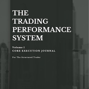 May include: A book cover with the title "THE TRADING PERFORMANCE SYSTEM" in large white text. Below, it reads "Volume I CORE EXECUTION JOURNAL For The Structured Trader" and "Written by Sophie N." The background is a dark gray with a blurred cityscape.