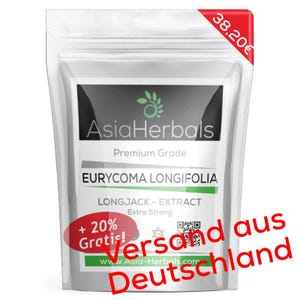 Könnte beinhalten: Ein weißer Standbeutel mit Eurycoma Longifolia Longjack Extrakt. Das Etikett zeigt das AsiaHerbals-Logo, den Text Premium Grade, Eurycoma Longifolia, Longjack - Extract, Extra Strong und einen QR-Code. Ein rotes Ecketikett zeigt den Preis von 38,20€.