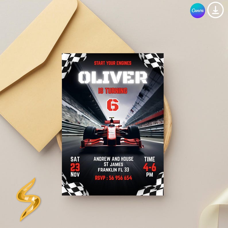 Peut inclure: Une invitation d'anniversaire avec une voiture de course rouge sur une piste. L'invitation indique "OLIVER A 6 ANS" avec les d&eacute;tails de l'&eacute;v&eacute;nement. Le design comprend des drapeaux &agrave; damier et un arri&egrave;re-plan de course flou. Une enveloppe est en arri&egrave;re-plan.