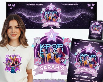 KPOP Demon Hunters Birthday Invitation Bundle | Editable K pop Cake Topper, Birthday Banner & Thank You Card | Huntrix PNG (Canva Template)