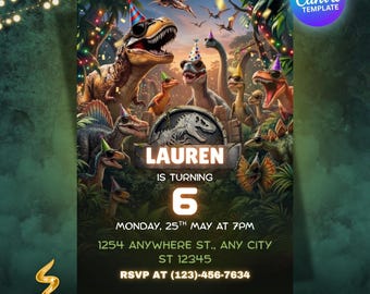 Dinosaur Birthday Party Invitation, Wild One Birthday Editable Canva Template, Dinosaur World Invite, T-Rex Party Invite (Digital Download)