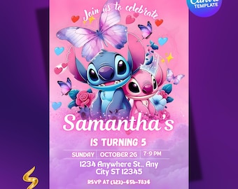 Stitch and Angel Birthday Invitation Editable Template, Kids Lilo & Stitch Party Invite, Printable 5x7 Digital Birthday Canva Evite