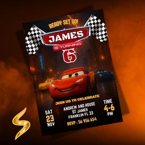 Cars Birthday Invitation, Lightning McQueen Invitation, Kids Birthday Invitation, Race Car Digital Invitation, Editable Canva Template