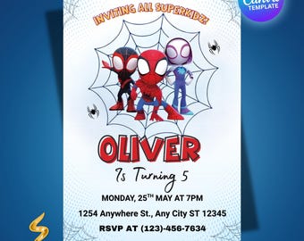 Spidey And His Amazing Friends Birthday Invitation, Editable Canva Template, Spiderman Printable Party Invitations, Digital Kids Invite