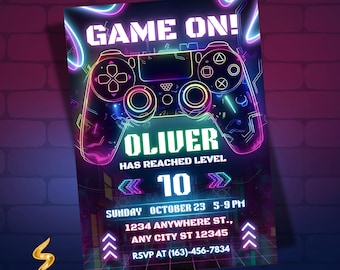 Bearbeitbares Spiel zum Geburtstagseinladung, Gamer Party einladen, 5x7 Zoll Canva Vorlage (Digitaler Download)