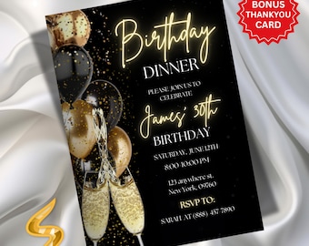Digital Birthday Dinner Invitation Template, Black Tie Glam Invite, Editable Black Golden Diamond Evite For Men & Women, Canva Template