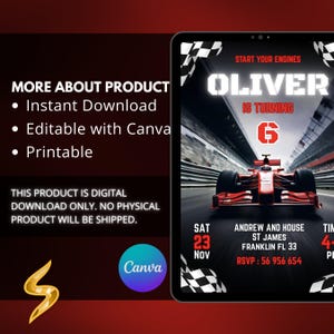 Peut inclure: Invitation d'anniversaire num&eacute;rique sur le th&egrave;me de la course automobile. Elle pr&eacute;sente une voiture de course rouge sur une piste, avec le texte "Oliver a 6 ans". Comprend les d&eacute;tails de l'&eacute;v&eacute;nement et le logo Canva. Texte: "T&eacute;l&eacute;chargement instantan&eacute;, Modifiable avec Canva, Imprimable."