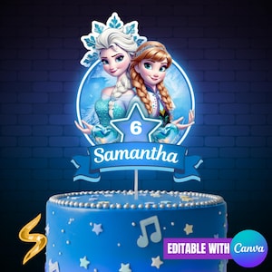 以下が含まれることがあります： 2人のアニメキャラクター、数字の6が入った星、そして「Samantha」という名前が描かれたケーキトッパーが付いた青いケーキ。ケーキは白い星と音符で飾られています。「EDITABLE WITH Canva」という文字が見えます。