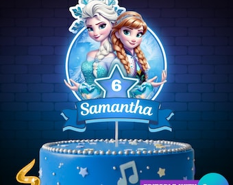 Bearbeitbarer Gefrorener Geburtstagskuchendeckel, Prinzessin Elsa & Anna Themenparty, Canva Vorlage (Digitaler Download)