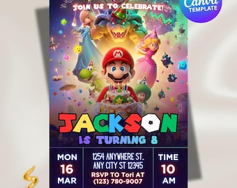 Mario Galaxy-Geburtstagseinladung, Weltraum-Party einladen, Jungen-Gaming-Partykarte, sofortiger Download, bearbeitbare Canva-Vorlage (13 x 18 cm)