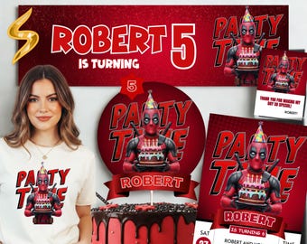 Editable Deadpool Party Bundle | Deadpool Birthday Invitation Template | Printable Cake Topper & Party Banner | Deadpool PNG | 5 In 1 Bundle