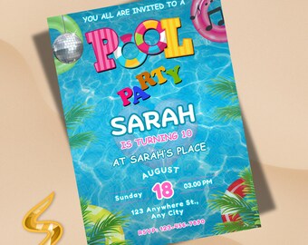 Editable Pool Party Birthday Invitation: Summer Poolside Template, Editable With Canva(Instant Download)